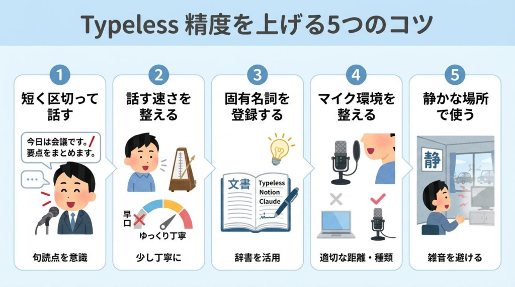 Typelessの精度を上げる5つのコツをまとめた図解