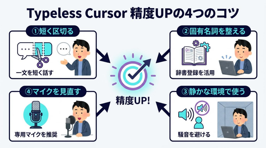 Typeless Cursorの精度を上げる4つのコツを、短く話す・固有名詞を整える・静かな環境で使う・マイクを見直すで示した図解