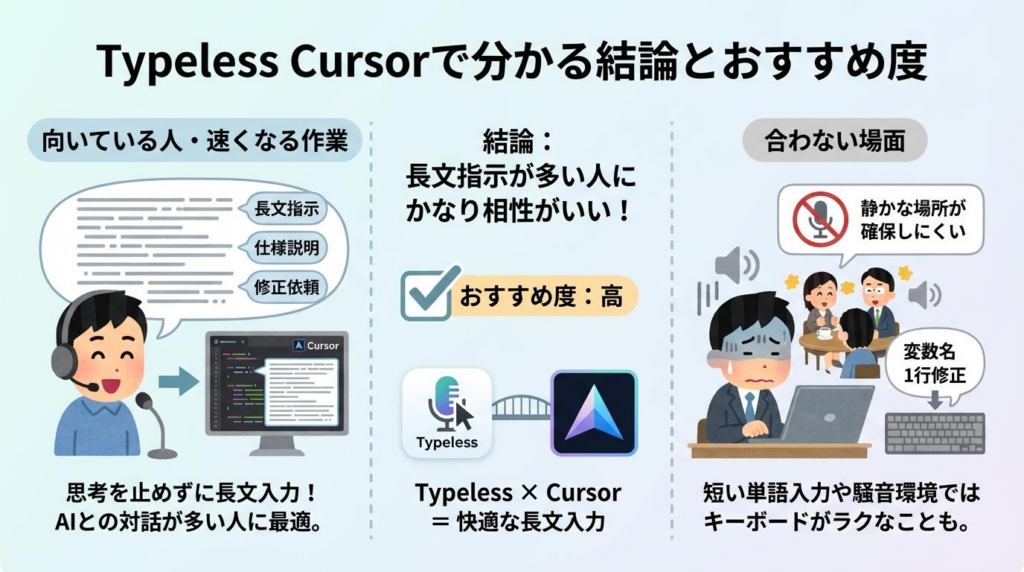 Typeless Cursorの結論とおすすめ度を、向いている人・速くなる作業・合わない場面で整理した図解