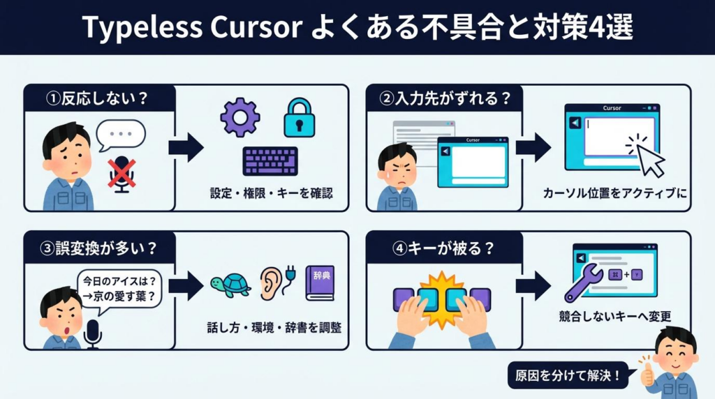 Typeless Cursorでよくある不具合と対策を、反応しない・入力先がずれる・誤変換が多い・キーが被るの4つで整理した図解