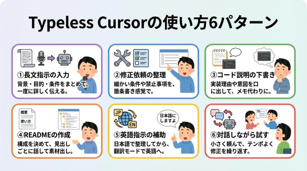 Typeless Cursorの使い方6パターンを、長文指示入力・修正依頼整理・コード説明下書き・README作成・英語指示補助・対話しながら試すでまとめた図解