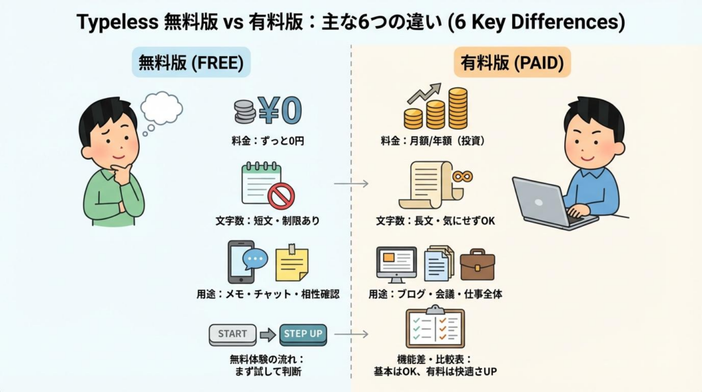 Typeless無料版と有料版の主な違い6つを比較した図解