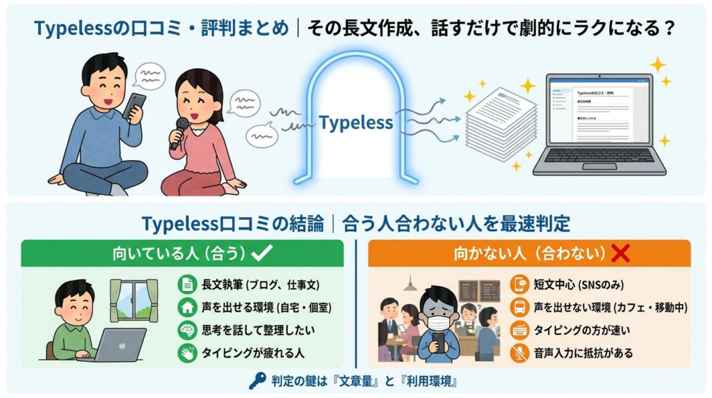 Typelessの口コミ評判まとめとして、長文作成が話すだけで楽になる流れを示した図解