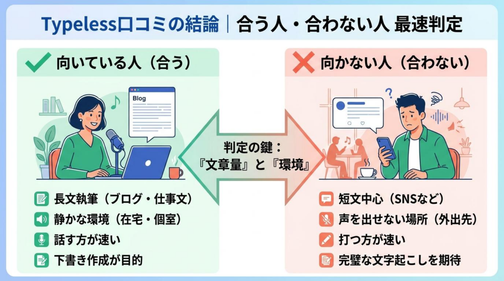 Typeless口コミの結論として、向いている人と向かない人を比較した図解