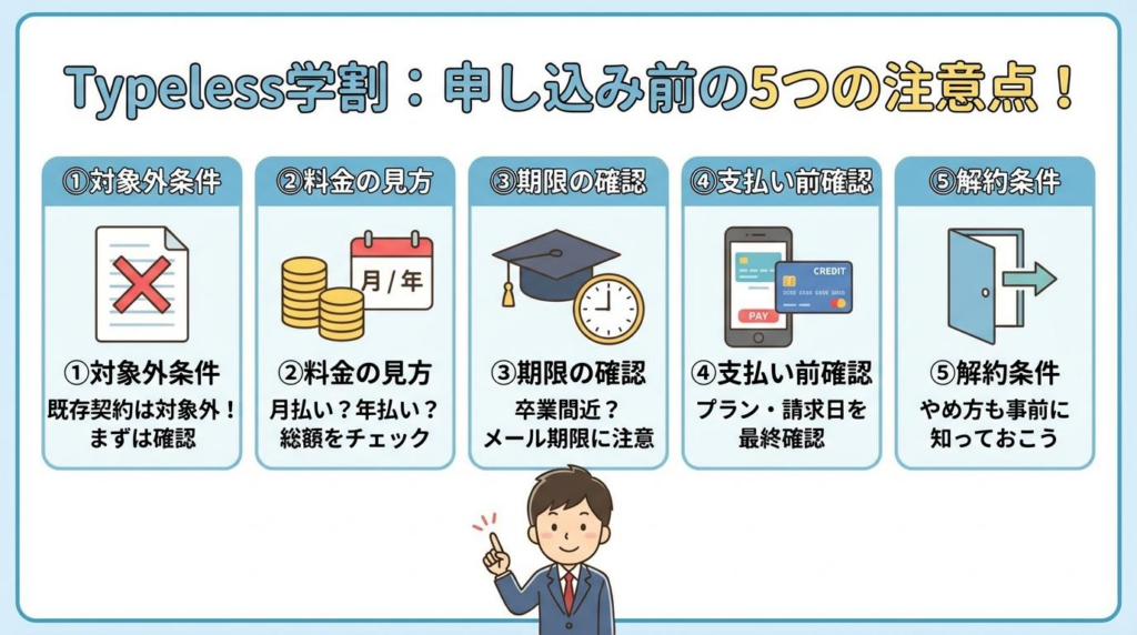 Typeless学割の申し込み前に確認したい5つの注意点をまとめた図解