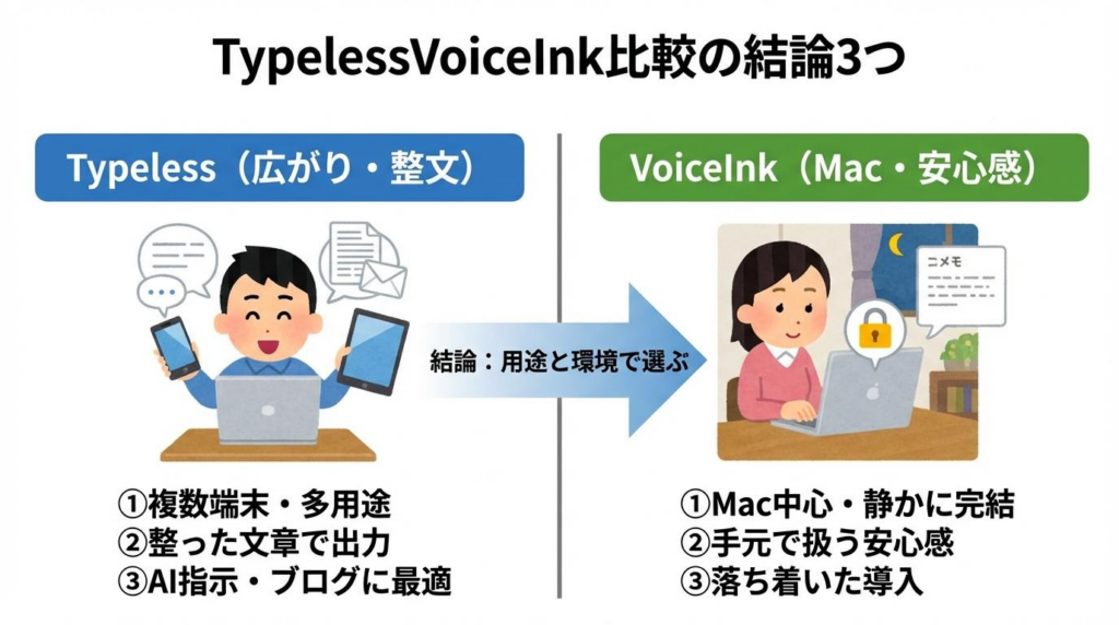 ypelessとVoiceInk比較の結論3つをまとめた図解
