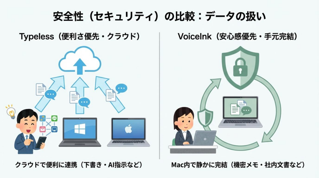 TypelessとVoiceInkの安全性とデータの扱い方の違いを比較した図解