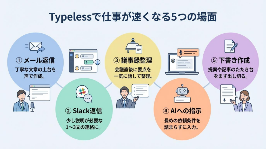 Typelessで仕事が速くなる5つの場面をまとめた図解。メール返信、Slack返信、議事録整理、AIへの指示、下書き作成の使いどころを紹介。