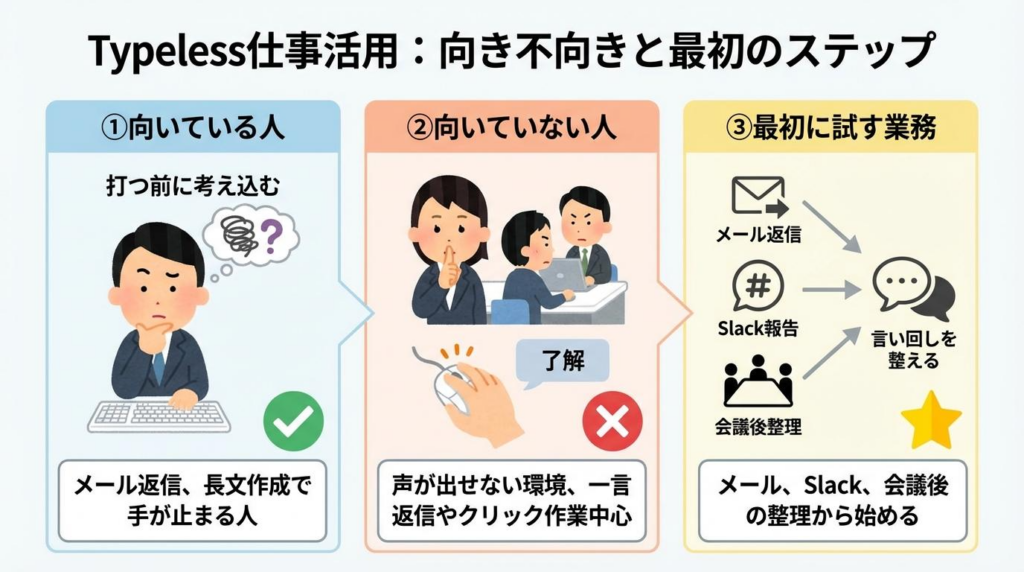Typeless仕事活用の向き不向きと最初に試す業務をまとめた図解。向いている人、向いていない人、メールやSlackや会議後整理から始める流れを紹介。