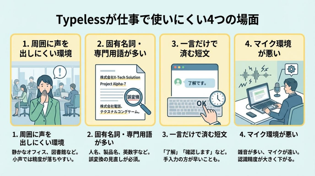 Typelessが仕事で使いにくい4つの場面をまとめた図解。周囲に声を出しにくい環境、固有名詞や専門用語が多い場面、一言だけで済む短文、マイク環境が悪い場合を解説。
