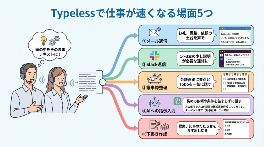 Typelessで仕事が速くなる場面5つをフローで示した図解。頭の中の内容をテキスト化し、メール返信、Slack返信、議事録整理、AIへの指示入力、下書き作成へつなげる流れを説明。