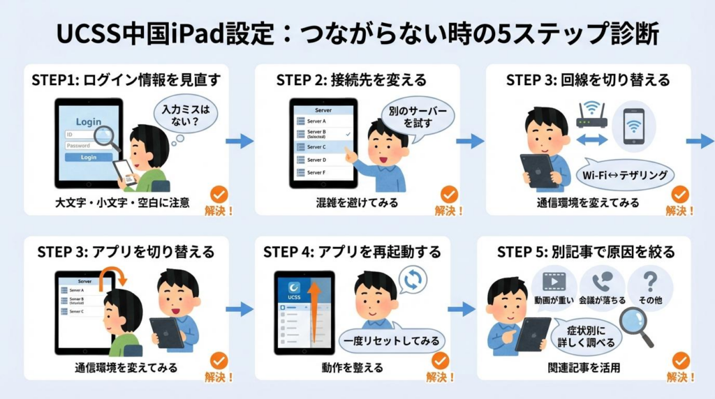 UCSS中国iPad設定でつながらない時の5ステップ診断図解