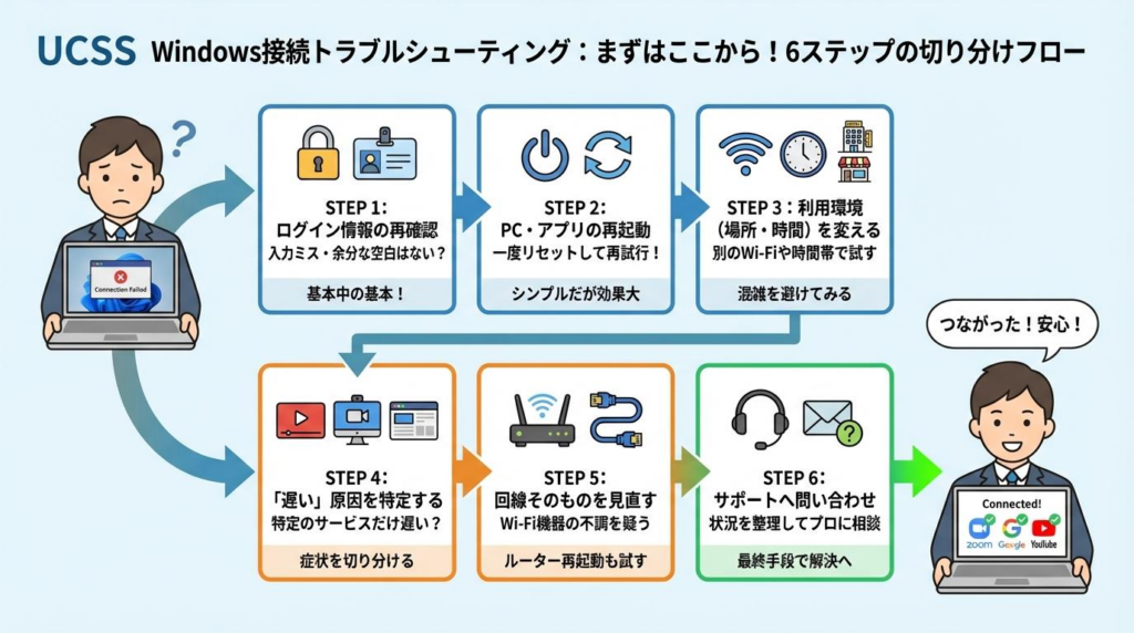 UCSS中国Windows接続トラブル時の切り分けフロー図。ログイン確認からサポート活用まで6ステップで整理