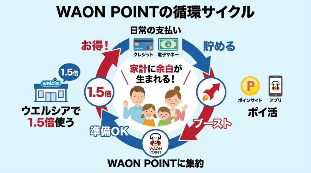 WAON POINTを貯めてウェル活で1.5倍活用する流れを示した図解