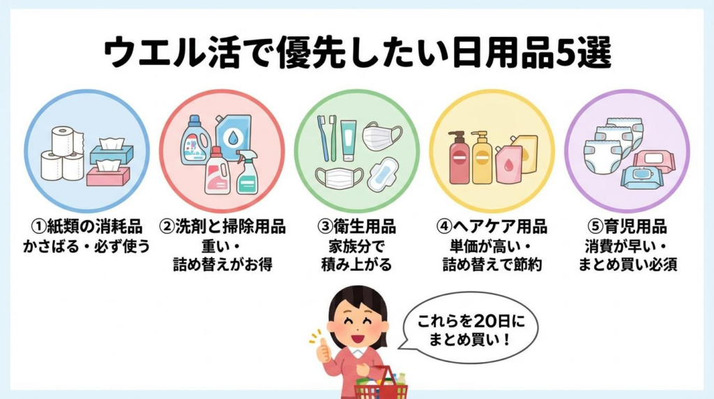 ウェル活で優先して買いたい日用品5種類をまとめた図解