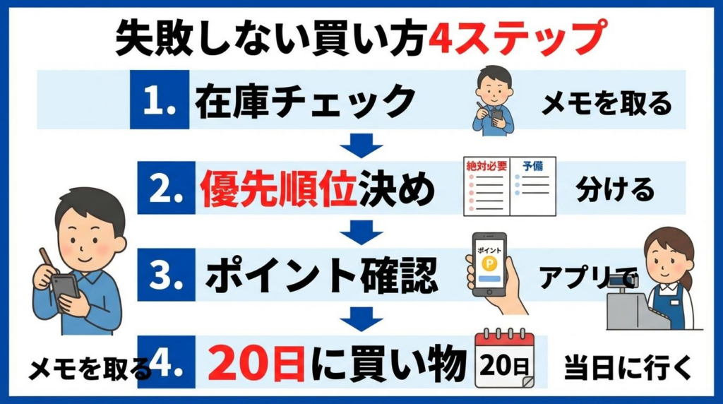 ウェル活で失敗しない日用品の買い方4ステップをまとめた図解