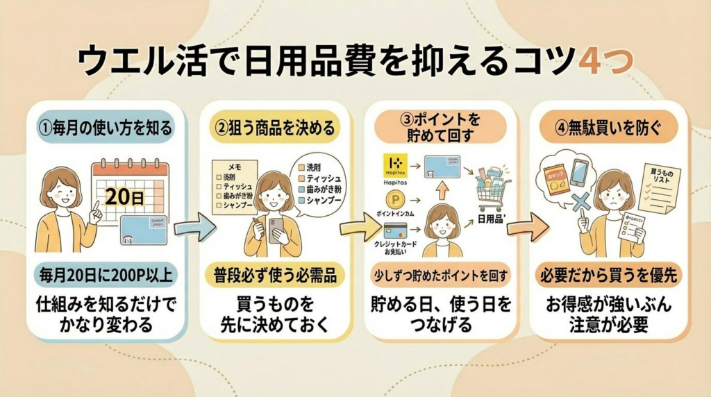 ウエル活で日用品費を抑える4つのコツをまとめた図解