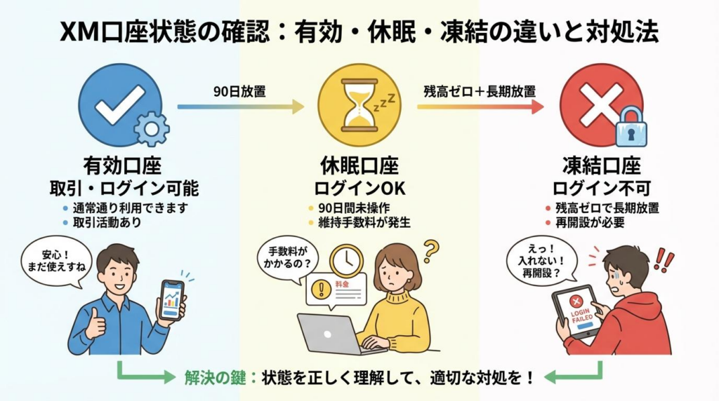 XM口座の有効口座と休眠口座と凍結口座の違いをまとめた図解