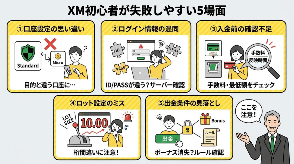 XM初心者が失敗しやすい5場面をまとめた図解