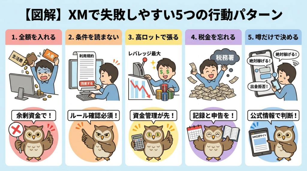 XMで失敗しやすい5つの行動パターンを全額入金や高ロットなどで整理した図解