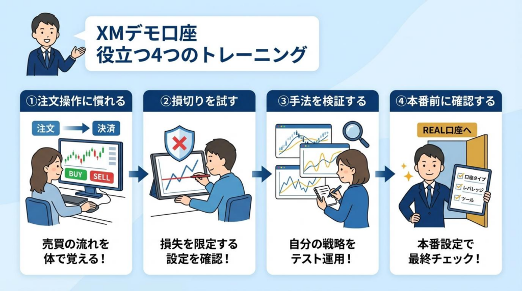 XMデモ口座で役立つ4つのトレーニング内容を紹介した図解