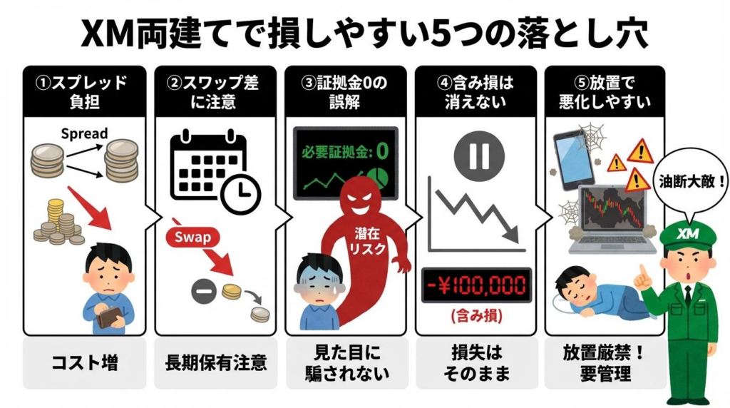 XM両建てで損しやすい5つの注意点をまとめた図解