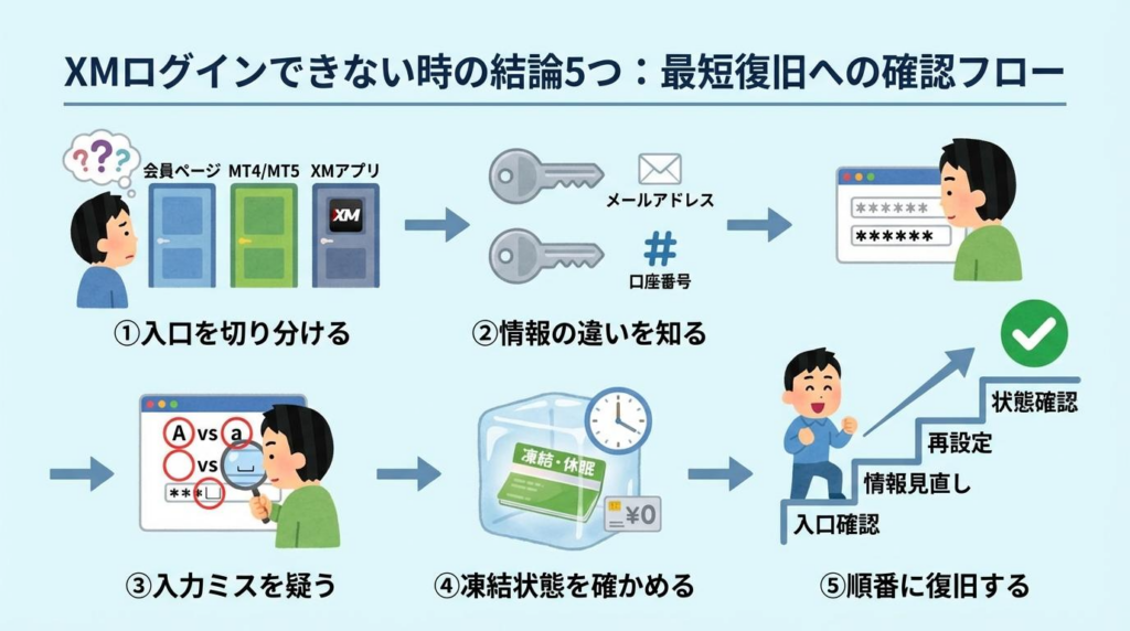 XMログインできない時の確認フローを5ステップでまとめた図解
