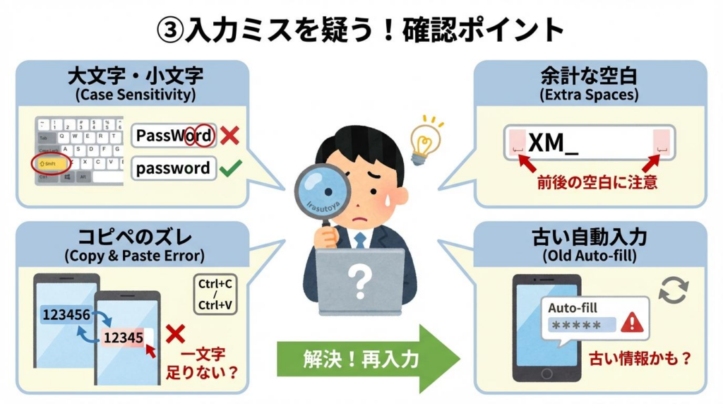 XMログインできない時に確認したい入力ミスのポイントをまとめた図解