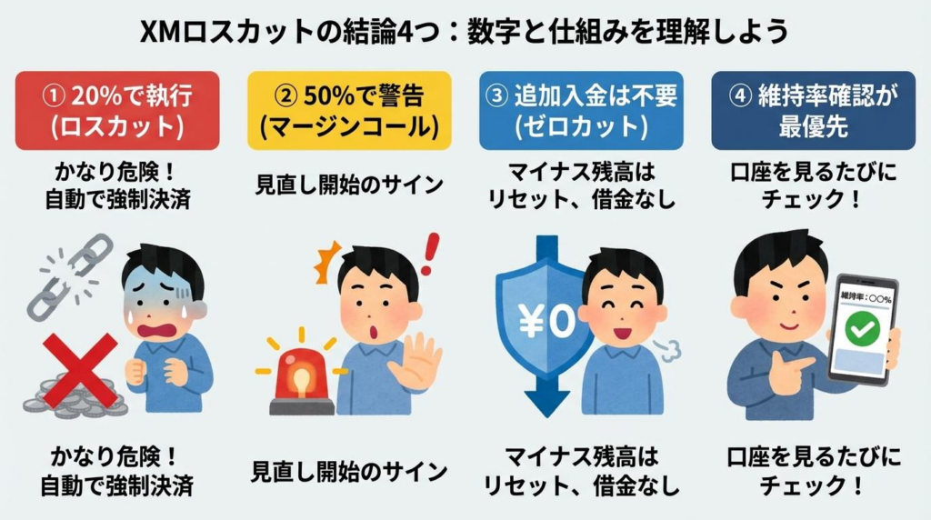 XMロスカットの結論4つとして、20%で執行、50%で警告、追加入金は不要、維持率確認が最優先であることをまとめた図解