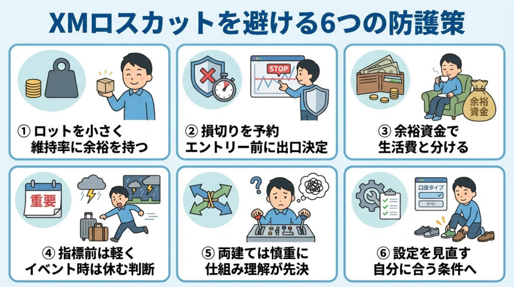 XMロスカットを避ける方法として、ロットを小さくする、損切りを予約する、余裕資金で使うなど6つの対策をまとめた図解