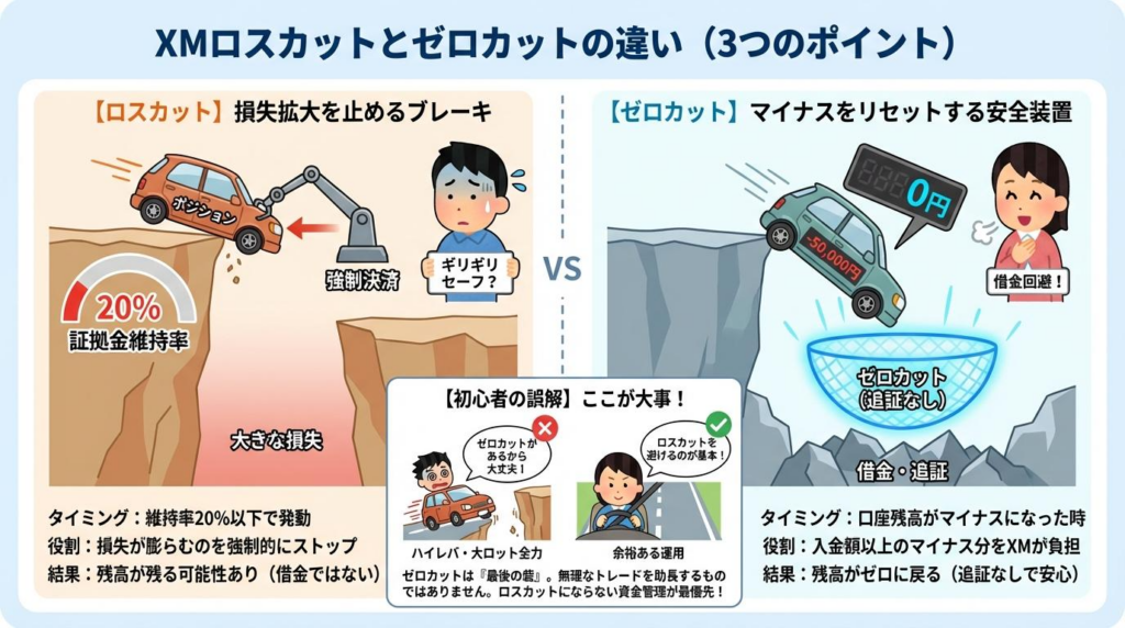 XMロスカットとゼロカットの違いを、役割、発動タイミング、初心者が誤解しやすい点の3つで比較した図解