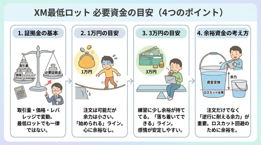 XM最低ロットの必要資金の目安を証拠金・1万円・3万円・余裕資金で整理した図解