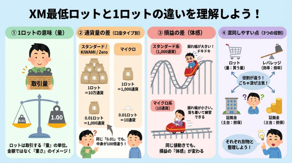 XM最低ロットと1ロットの違いを量・通貨量・損益・混同点で整理した図解