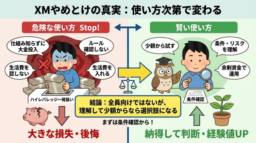 comparison.webp XMの危険な使い方と賢い使い方を比較して少額と条件確認の重要性を示した図解