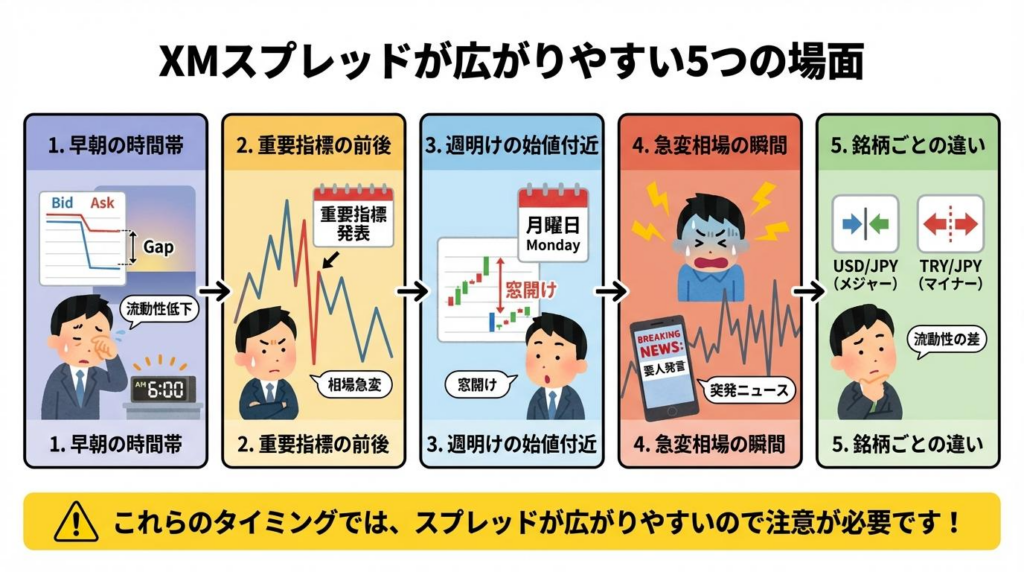 XMスプレッドが広がりやすい時間帯や相場状況を5つにまとめた図解