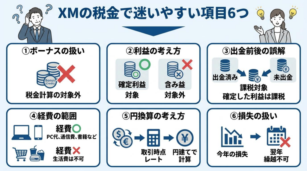 XMの税金で迷いやすい6項目を整理した図解