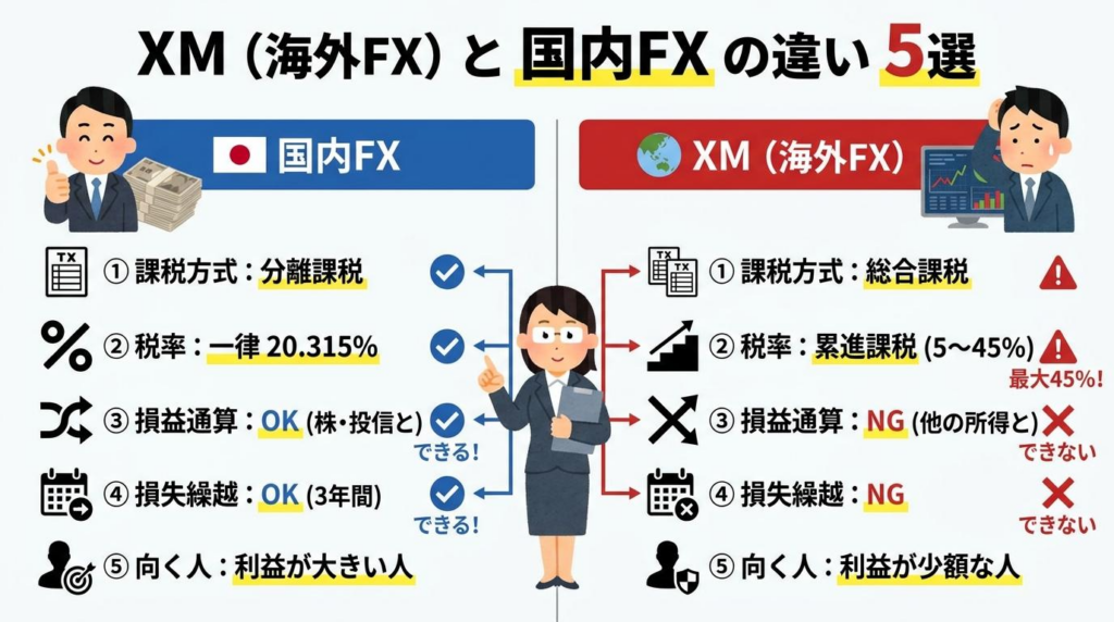 XMと国内FXの税金の違い5選を比較した図解