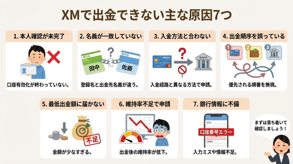 XMで出金できない主な原因7つをわかりやすく整理した図解