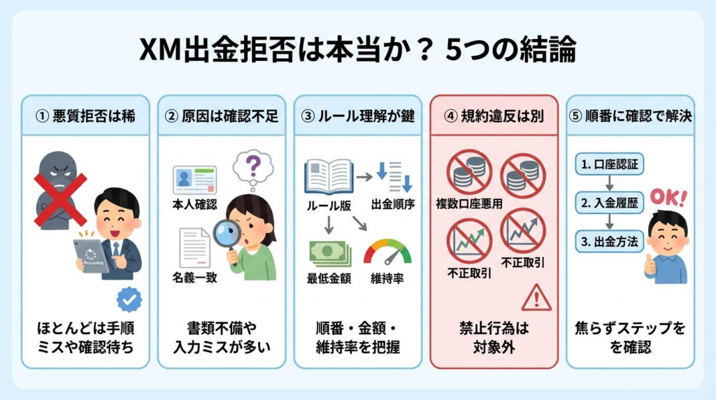 XM出金拒否は本当かについて、5つの結論をまとめた図解