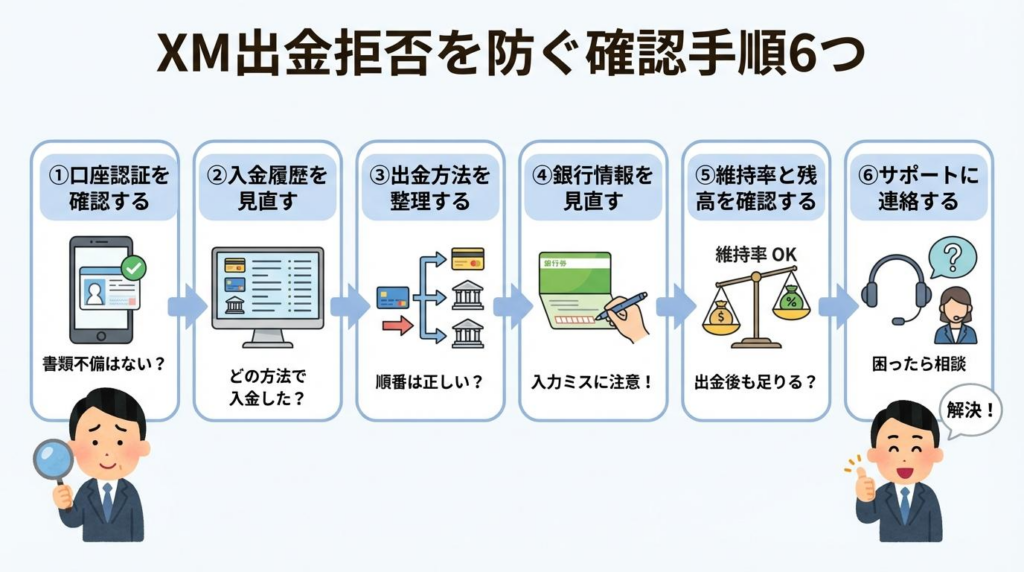 XM出金拒否を防ぐための確認手順6つを示した図解