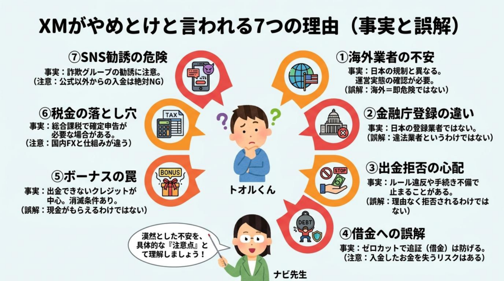 XMがやめとけと言われる7つの理由を海外業者や出金不安などで整理した図解