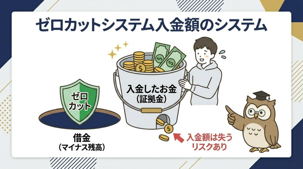 XMのゼロカットと入金額を失うリスクの違いを説明した図解