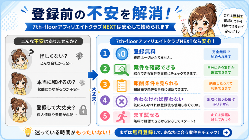 7th-floorアフィリエイトクラブNEXT登録前の不安を解消するポイント
