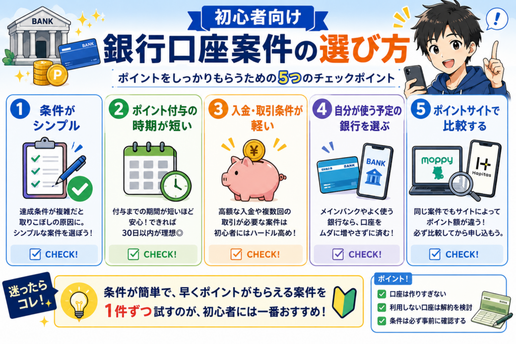 初心者向けに銀行口座案件の選び方を5つのチェック項目で解説した図解