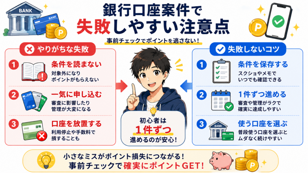 銀行口座案件で失敗しやすい注意点と対策をまとめた図解