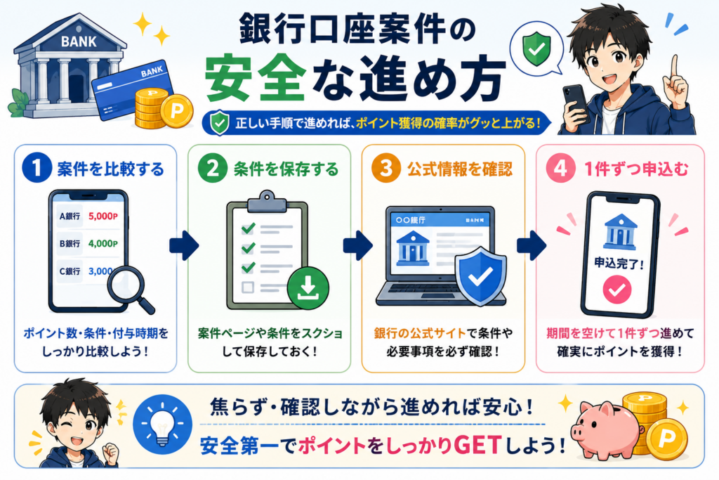 銀行口座案件を安全に進める4つの手順を解説した図解