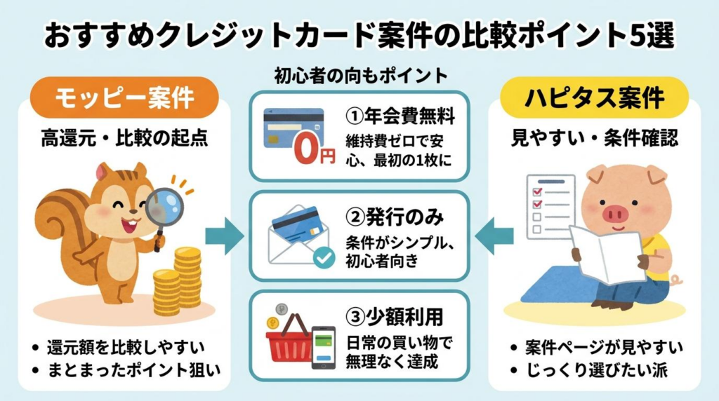 モッピーとハピタスを比較しながらおすすめクレジットカード案件を選ぶポイントを解説した図解