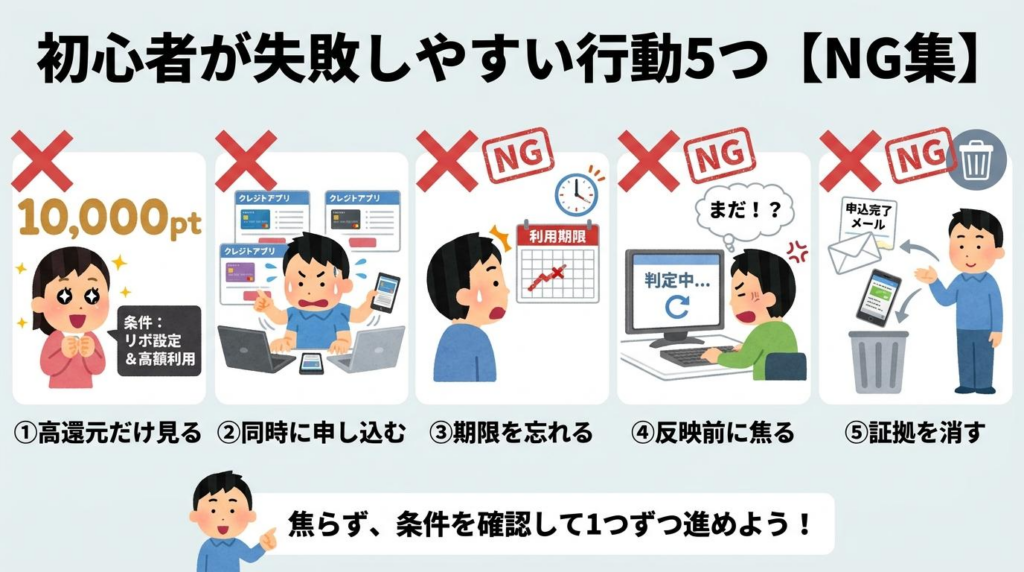 クレジットカード案件で初心者が失敗しやすい行動5つを解説した図解