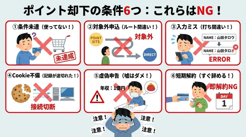 クレジットカード案件でポイント却下につながる条件6つを解説した図解