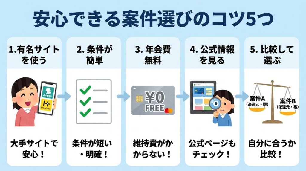クレジットカード案件を安心して選ぶコツ5つをまとめた図解